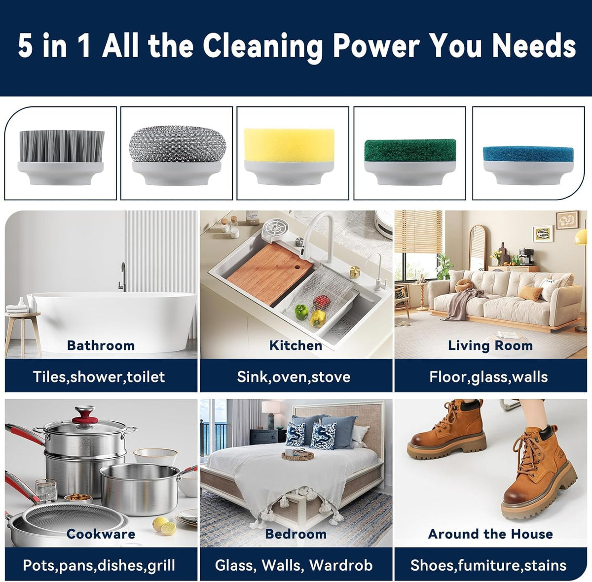 HASTHIP® Cordless Electric Spin Scrubber Cleaning Brush with 5 Replaceable Brush Heads, Electric Bathroom Cleaning Brush with Power Display, 3 Speeds & Max 2400RPM, Electric Cleaning Brush for Home