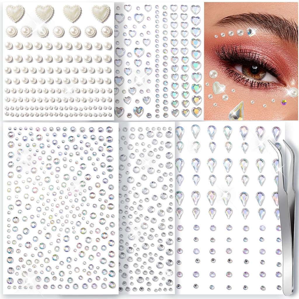 HASTHIP® Piedras de Estrás Faciales Autoadhesivas,Gemas para Maquillaje y Uñas,Perlas y Diamantes de Imitación Multicolores con Pinzas para Cuerpo Cabello Manualidades DIY (Tamaños