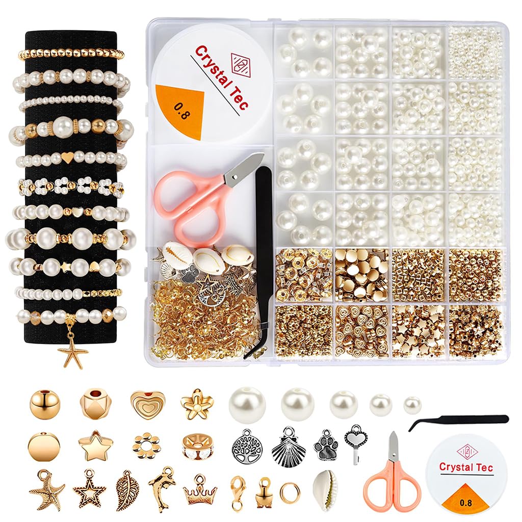 HASTHIP® 1200 Pcs Pearl Beads and Gold Spacer Beads Set for Jewelry Bracelet Making Kit with String and Charms…