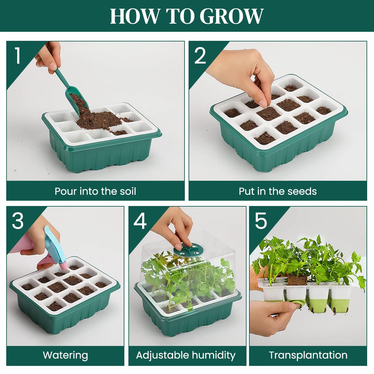HASTHIP Seed Starter Tray for Germination with 12 Silicone Pots and Clear Vent Lid | Includes Drip Tray and Tools