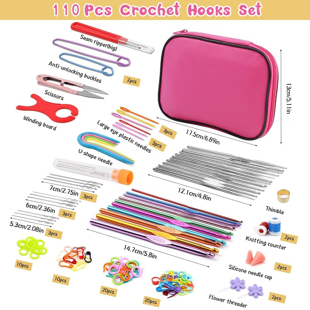 HASTHIP® 109Pcs Crochet Hooks Set, Crochet Hooks Set with Case, Coloured Ergonomic Crochet Hooks and Crochet Needle Accessories, Crochet Needles Kit for Beginners and Crochet Hook Lovers