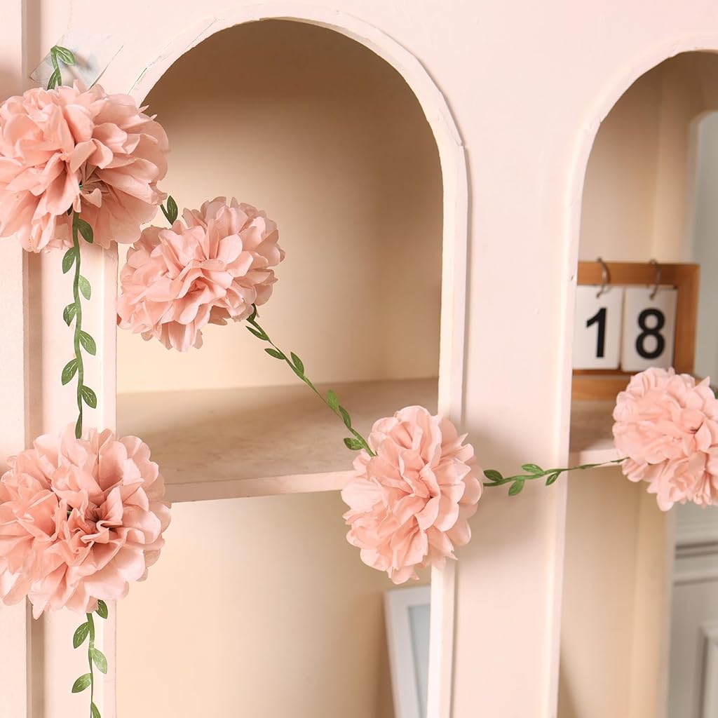 HASTHIP® Pink Paper Flower Garland 2.5 Meters, Tissue Pom Pom Floral Vine Decoration with Green Leaves, Romantic Boho Party Decor for Wedding, Baby Shower, Birthday