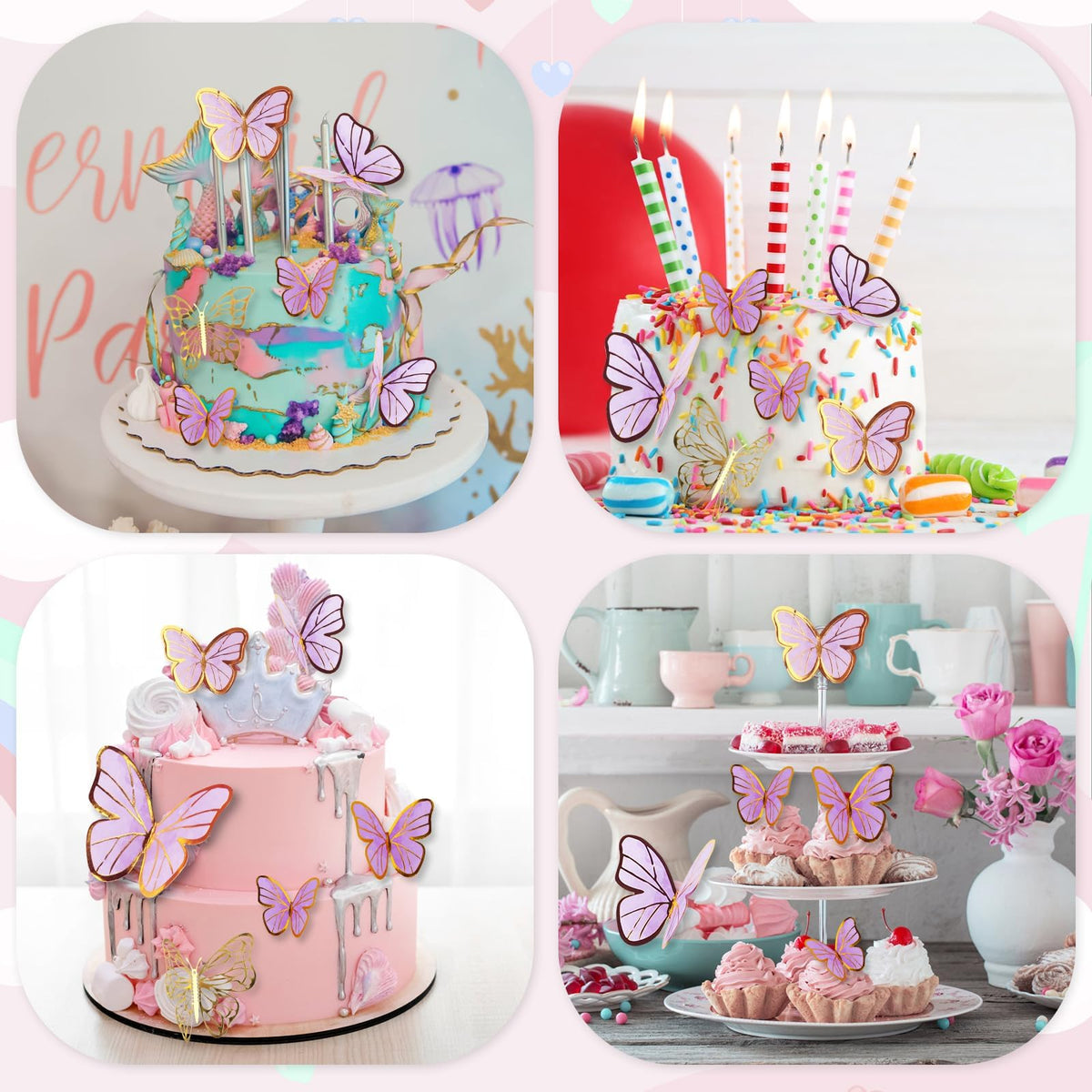 HASTHIP Birthday Party Supplies for Purple Butterfly Theme with 6 Hanging Spirals and 12 Cake Toppers