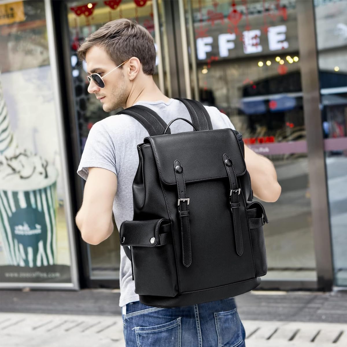 HASTHIP® Leather Backpack for Men Black Laptop Computer Backpack Large Capacity Business Ladies Retro Leisure Travel Backpack