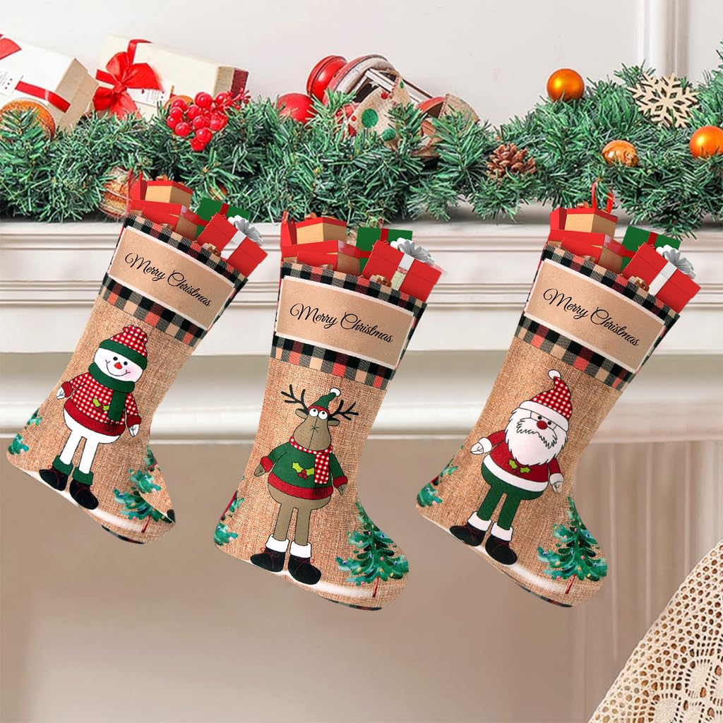 3pcs Christmas Stocking 16 inch Linen Print Christmas Gift Stocking Hanging Christmas Stockings Gift Christmas Stocking Christmas Stocking for Window, Christmas Tree, Door, Christmas Party