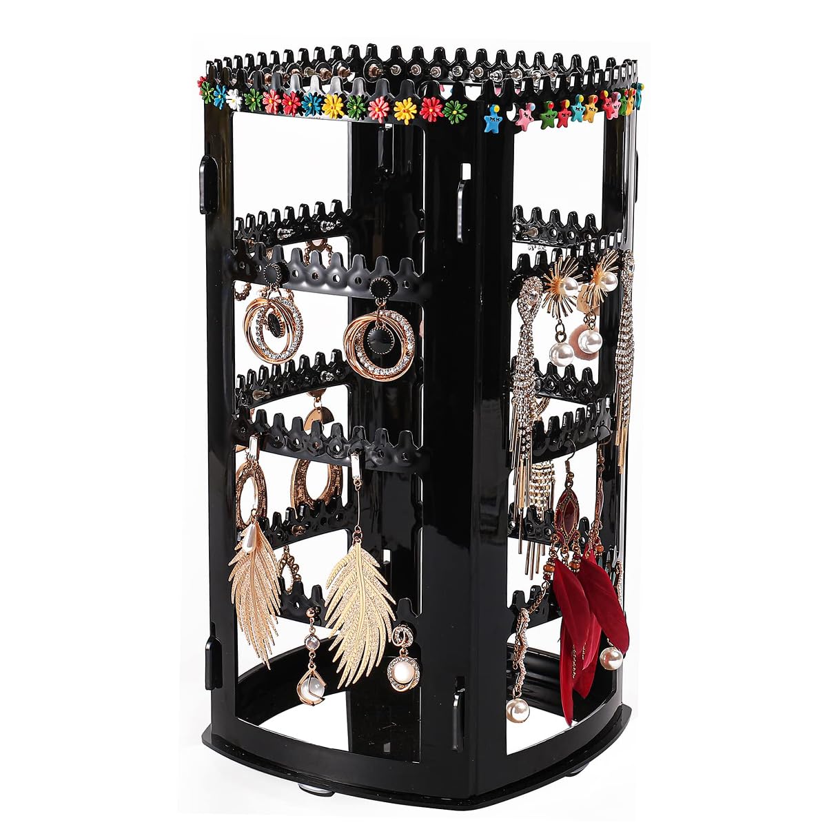 HASTHIP Jewelry Organizer for Earrings and Necklaces with 156 Holes and 360 Rotation | Black Acrylic 4 Tier Stand