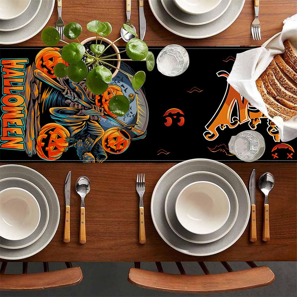 HASTHIP Halloween Table Runner for Dining Table featuring Evil Pumpkin Print 13x72 in | Washable Linen Decor