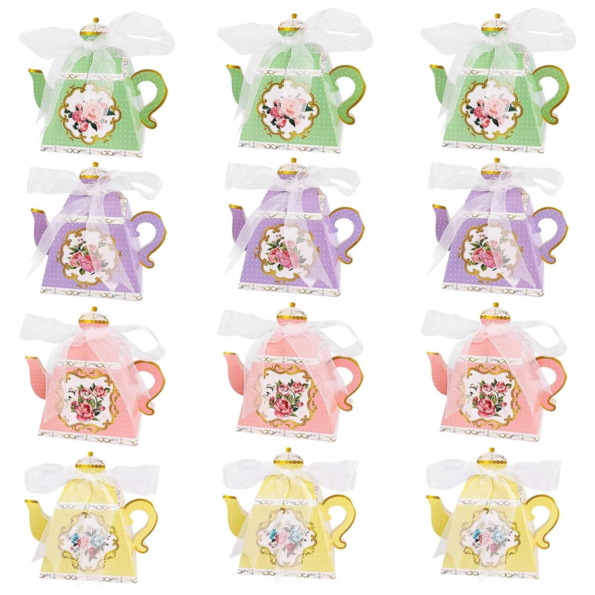 HASTHIP Paper Candy Bags for Party Favors with Ribbon Closure and Floral Teapot Design 12Pcs 3.35x3.35x4.13 in