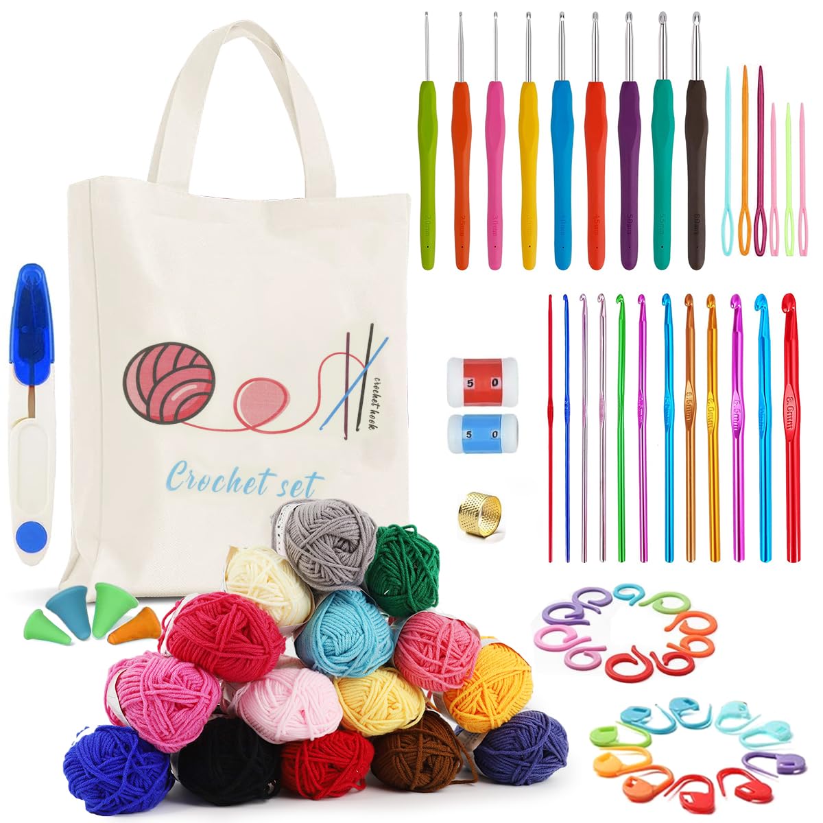 HASTHIP Crochet Kit for Beginners with 72 pcs Metal Hooks and Colorful Yarn | Includes Canvas Tote Bag