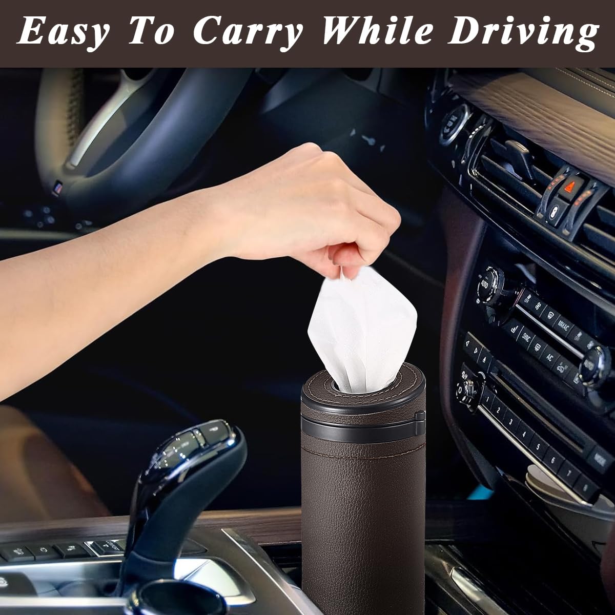 HASTHIP Car Tissue Paper Holder for Cup Holder with Hidden Glass Breaker 2.6×6.8 in PU Leather | Ideal for Car Van Office Use