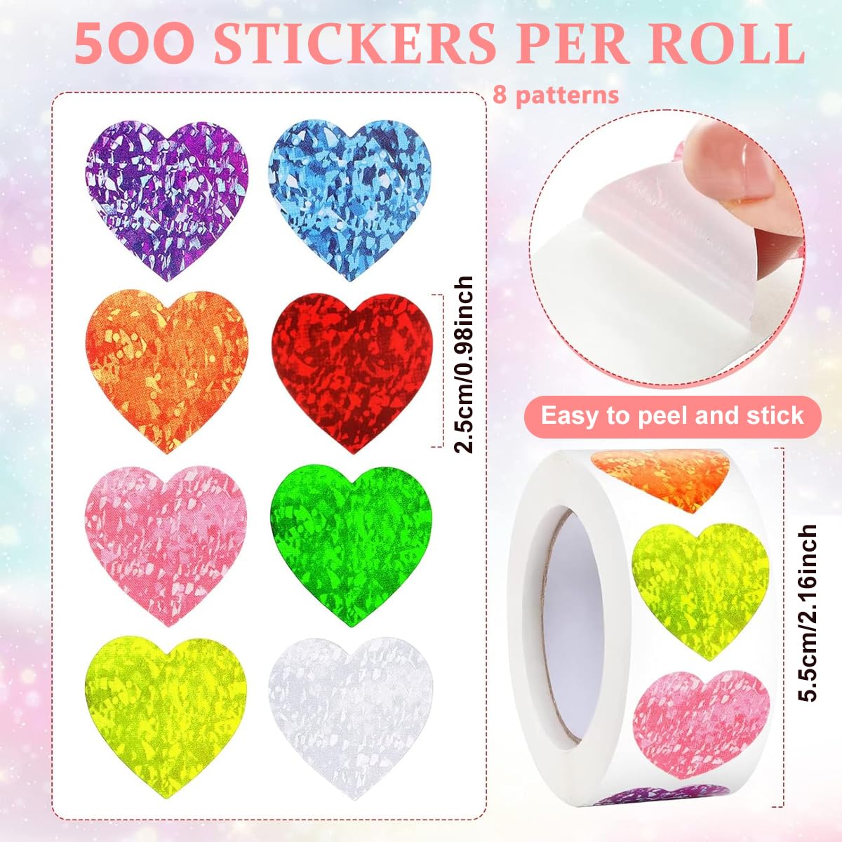 HASTHIP Glitter Heart Stickers for Reward Charts with 500 pcs 1 in Self Adhesive Design | 8 Colors for Teachers and Kids