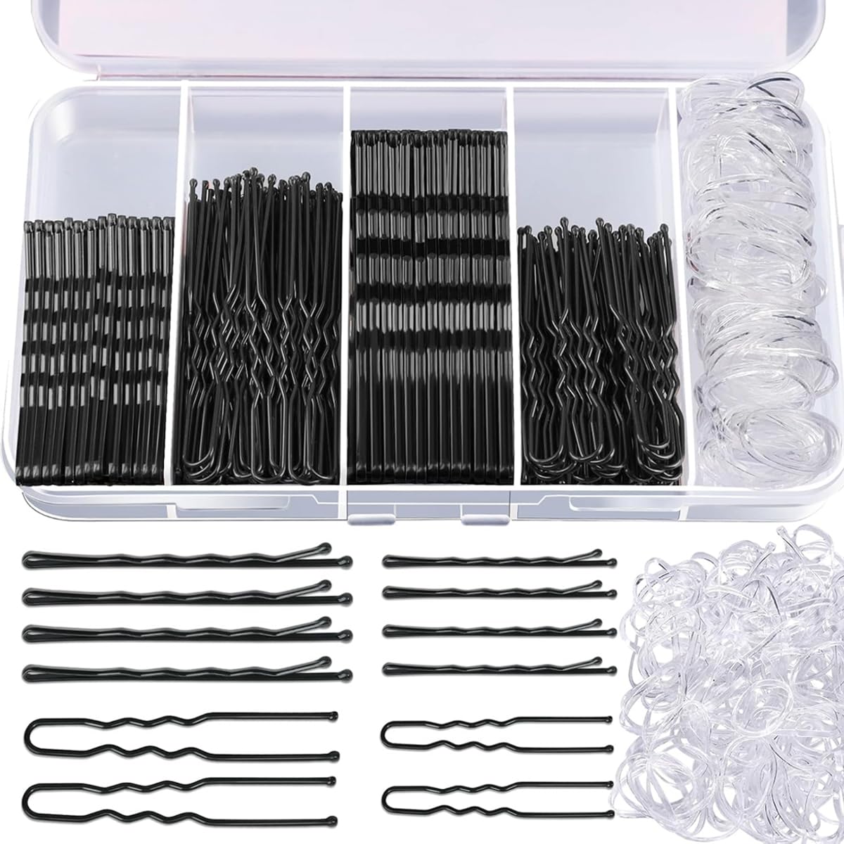 HASTHIP® 300pcs Bobby Pins Hair Pins U Pins with Mini Rubber Hair Ties, Stylish Metal Bobby Pins for Updos, Holding Stray Strands, Hair Accessories Hair Pins for Girls Women, Black