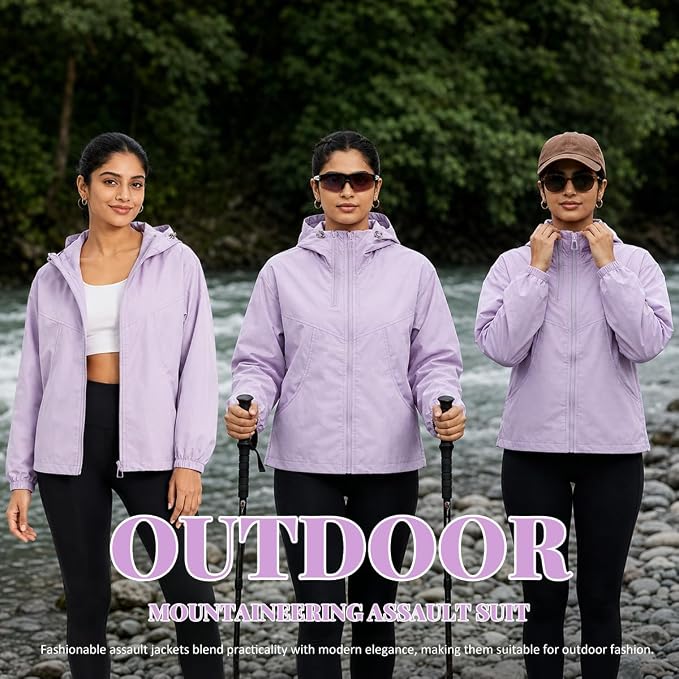 HASTHIP Women's Lightweight Waterproof Hooded Windbreaker Jacket - L