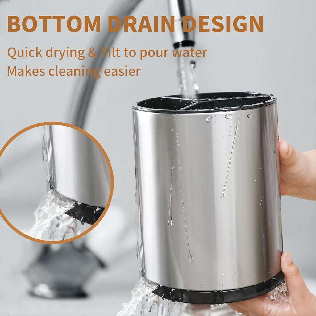 HASTHIP® Utensil Holder 360°Rotating Kitchen Cutlery Holder 3-Compartment Stainless Steel Utensil Holder Countertop Utensil Holder Kitchen Organizer Dinning Table Utensil Holder