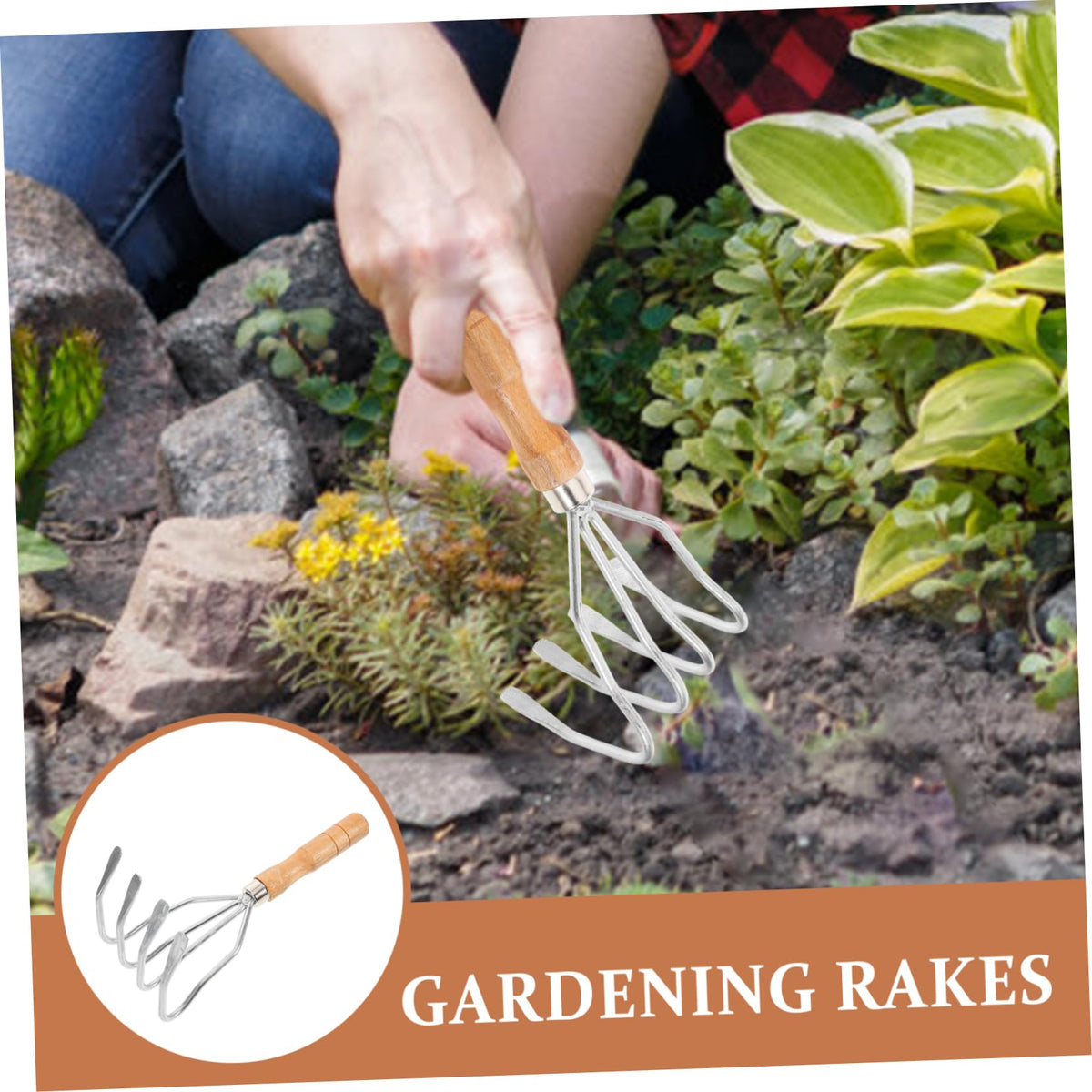 HASTHIP Gardening Rake for Lawn and Soil Maintenance with Ergonomic Wooden Handle 10.6 in Stainless Steel Head