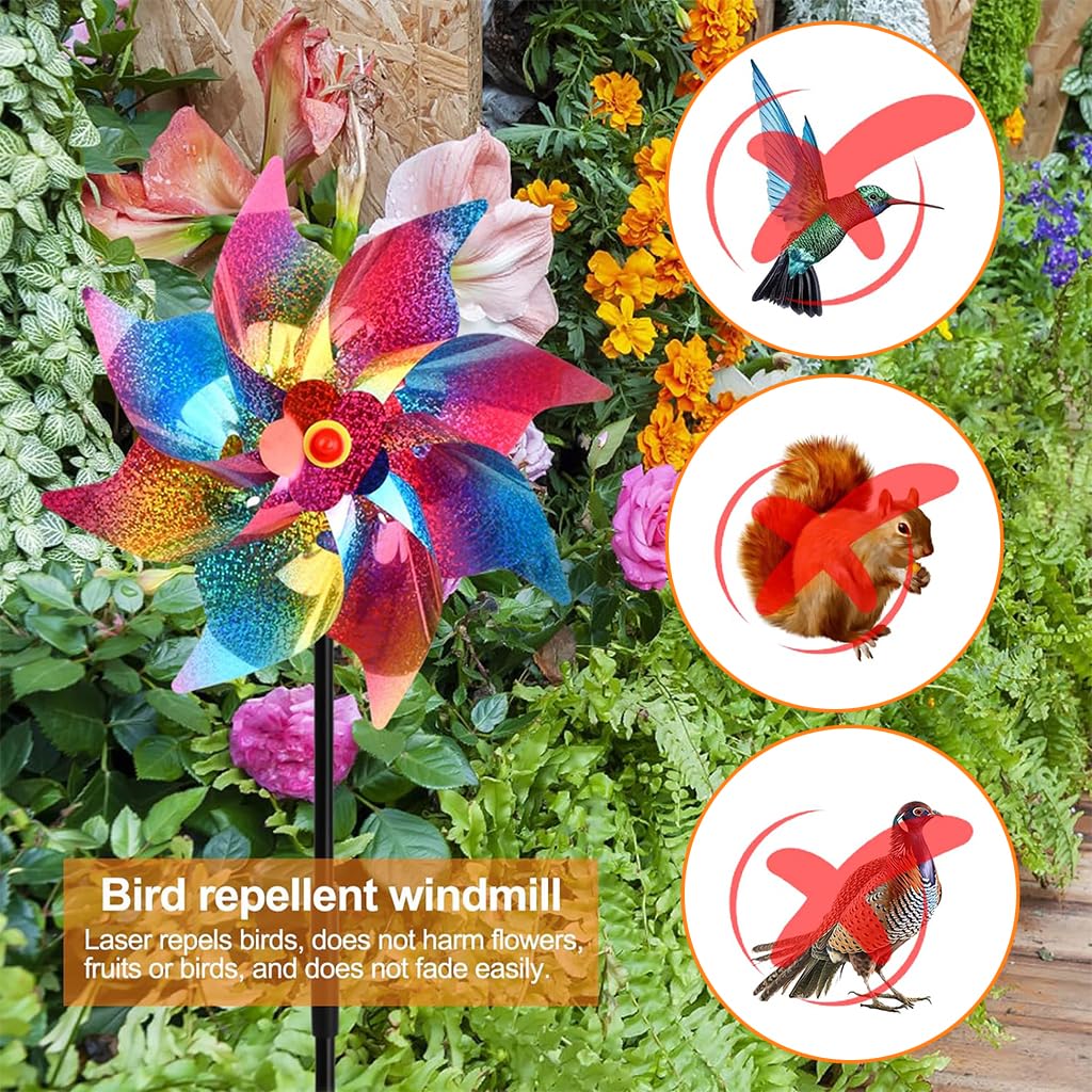 5Pcs Bird Repellent for Balcony, Colorful Reflective Pinwheels Pigeon Scarer, Ornamental 8-blade Windmill Anti Bird Device for Roof Edge, Fence, Garden Yard Lawn