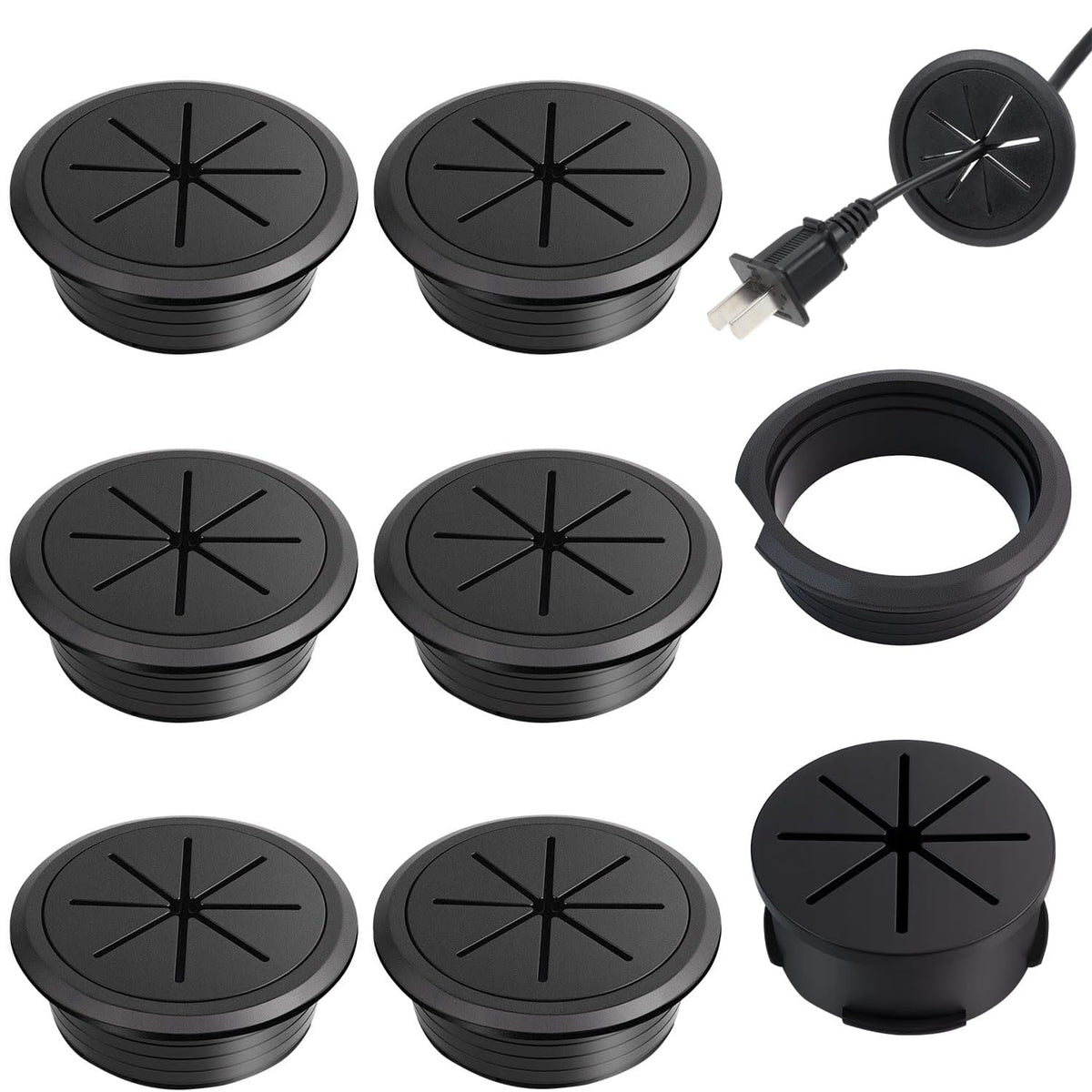 HASTHIP® 6 Pcs Pasacables de Escritorio 2 Pulgadas Redondos de Goma Organizadores Cables Agujeros Mesa Negros Cubiertas para Cables Oficina y Hogar