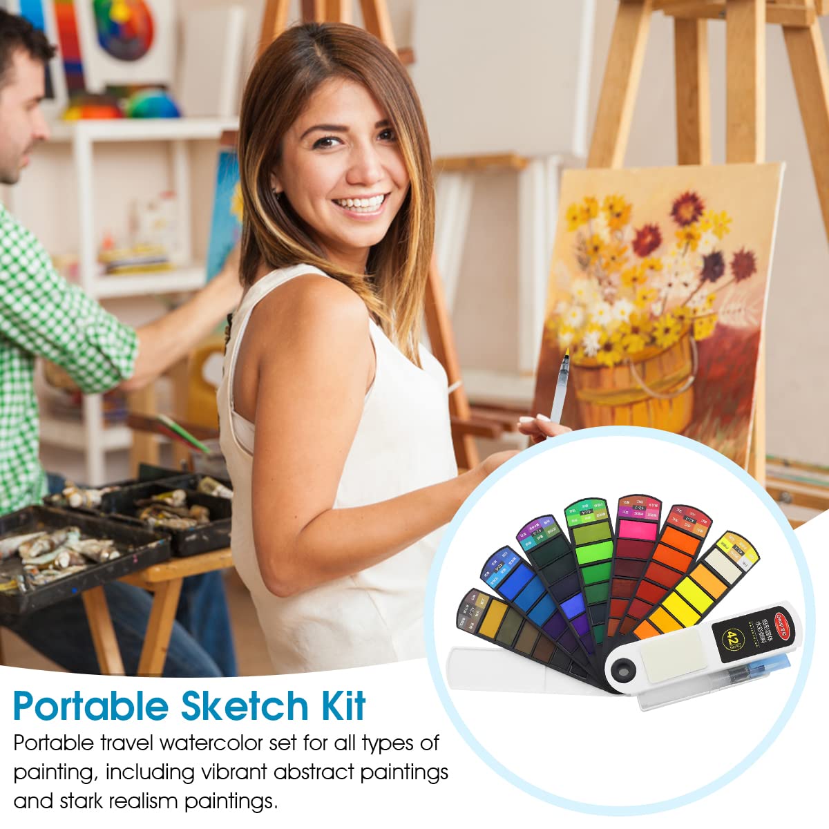 HASTHIP Watercolor Paint Set for Travel and Outdoor Sketching with 42 Colors and Refillable Brush Pen | Non Toxic for Students and Artists