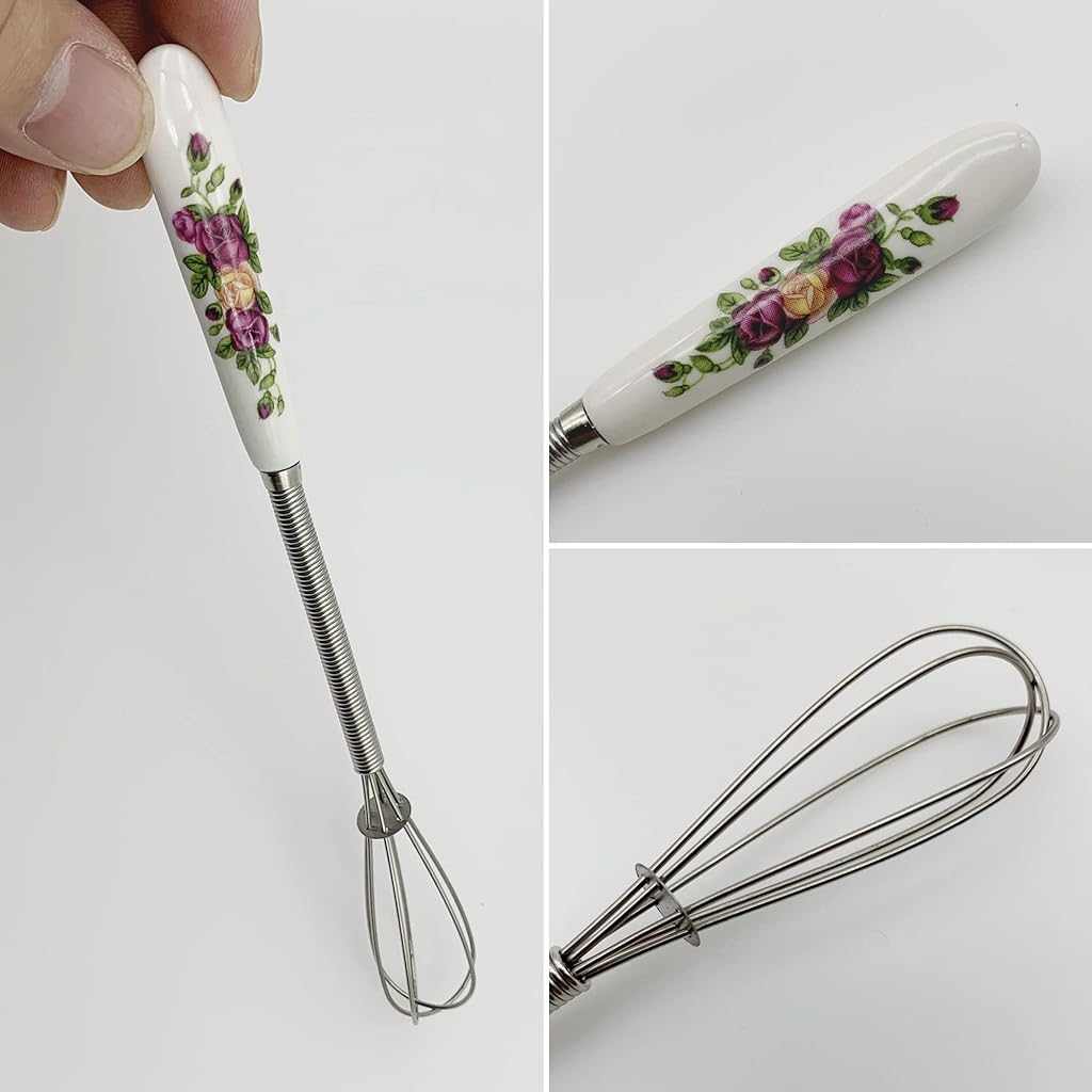 HASTHIP® Mini Hand Whisk for Kitchen, 7 Inch Stainless Steel Hand Mixer Blender Small Egg Beater with Ceramic Handle, Lightweight Manual Whisk for Mixing, Blending, Whipping, and Beating