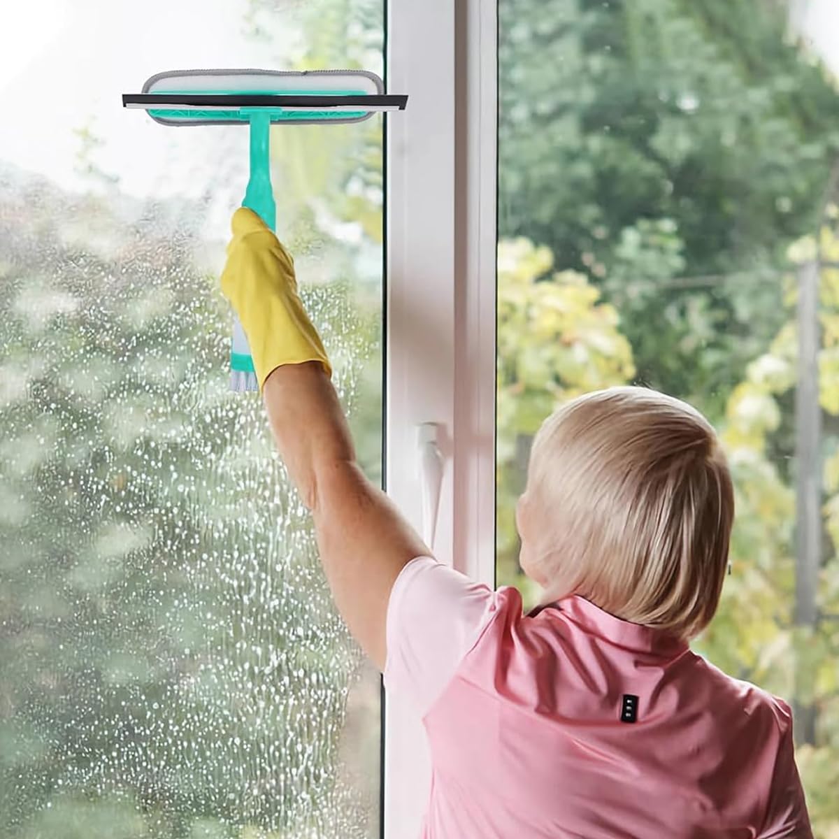 HASTHIP Window Cleaning Brush with Dual-Sided Head and Built-In Spray Bottle for Glass | Multi-Surface Tool for Tracks and Mirrors