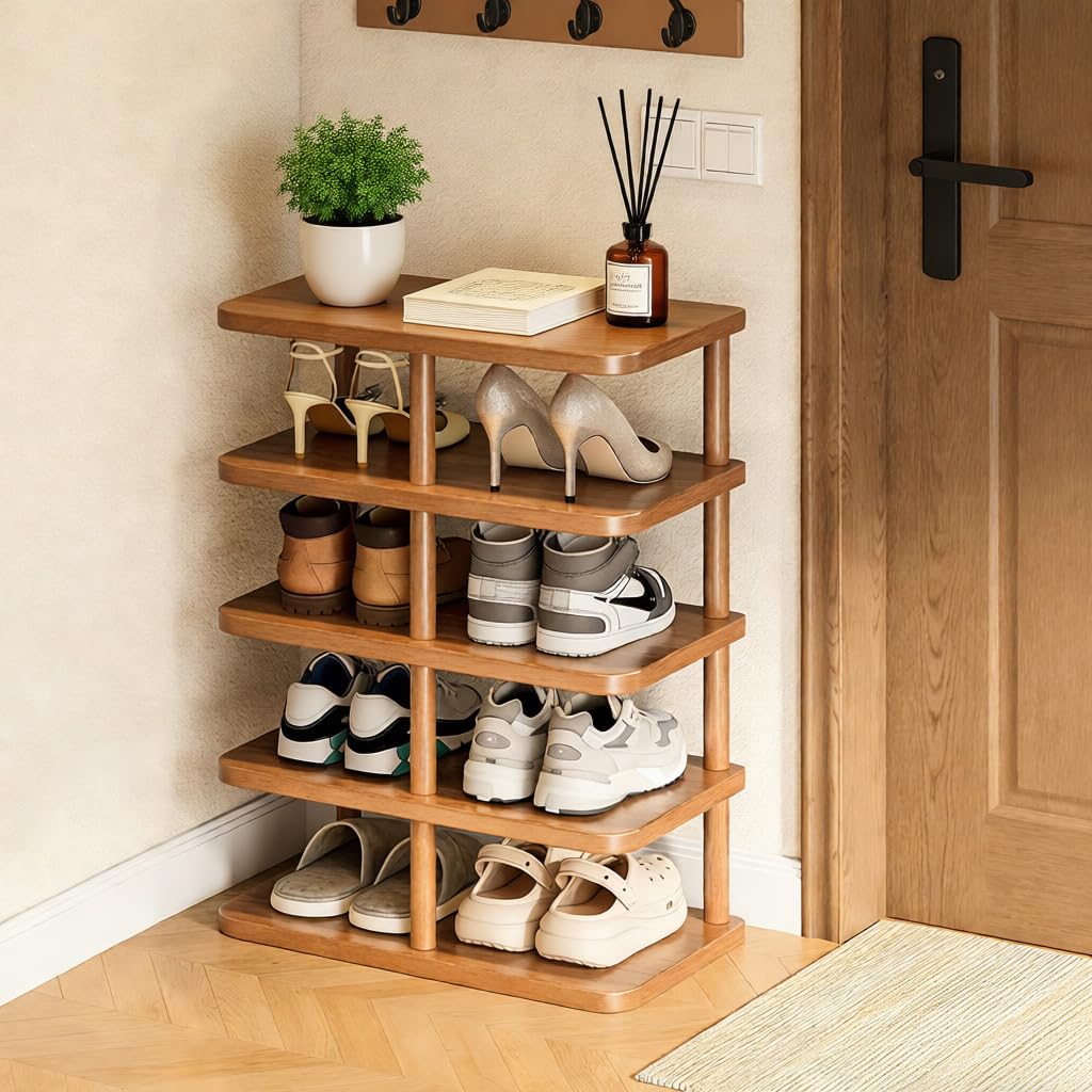 HASTHIP® Free Standing Shoe Storage Shelf,Vertical Shoe Rack Organizer,Multi-Functional Wooden Storage Shelf for Entryway Living Room Bedroom Space-Saving Stand - Brown