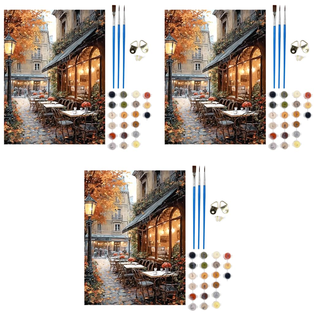 HASTHIP Paint by Numbers Kit for Adults featuring Autumn Street Café Canvas 3PCS | DIY Home Wall Art