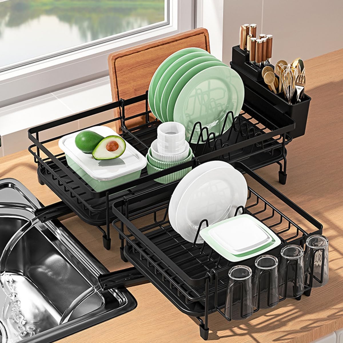 HASTHIP Dish Drying Rack for Kitchen Counter with Drip Tray and Retractable Metal Design