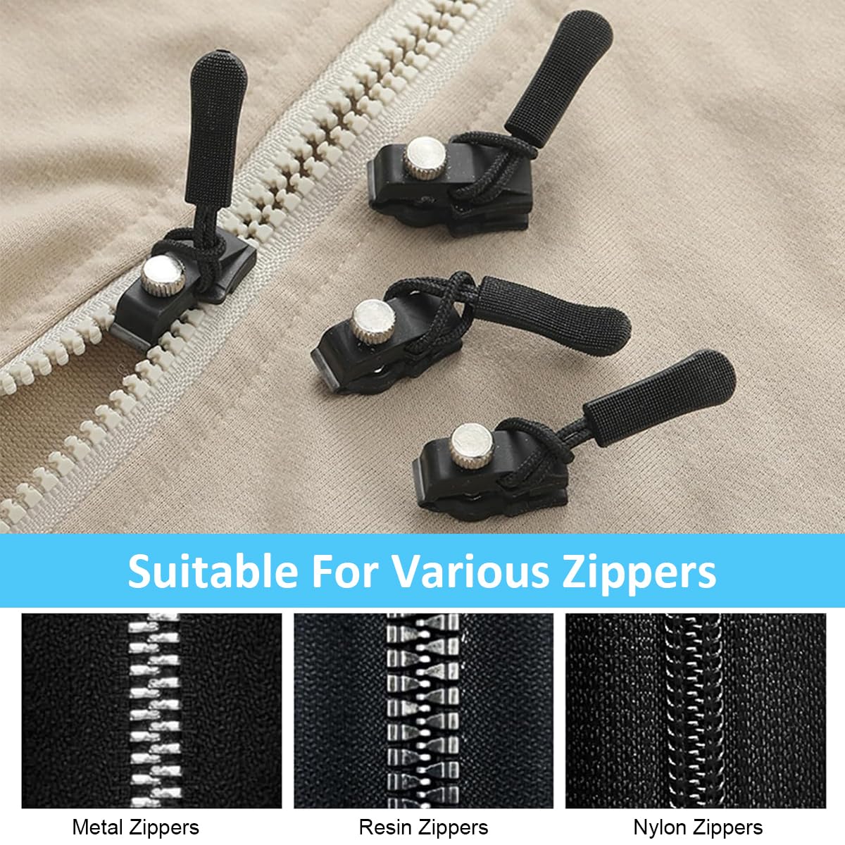 HASTHIP Zipper Puller Repair Kit with 12pcs 3 Size Metal Sliders and Nylon Cords for Bags | Universal Replacement