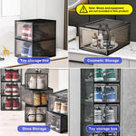 4 Packs Shoe Box Plastic Shoe Storage Separate Shoe Box with Magnet Door Stackable Shoe Organizer Universal Size Sneaker Shoe Box for Men Shoes Box for Women