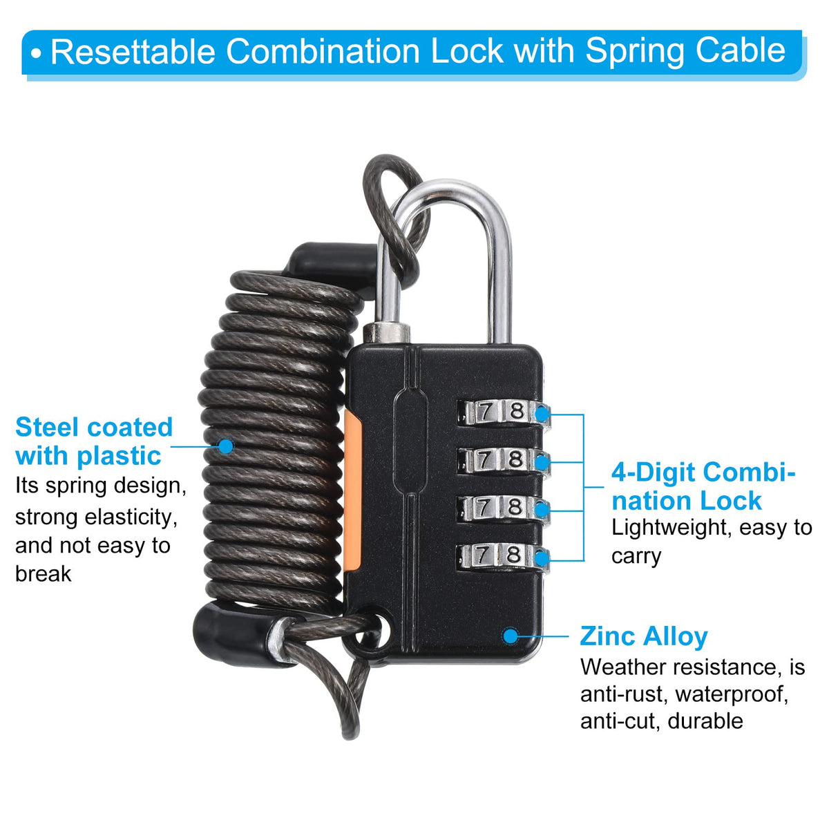 HASTHIP 4 Digit Combination Luggage Cable Lock for Helmet and Suitcase with 3.3 ft Waterproof Steel Cable | Zinc Alloy Padlock