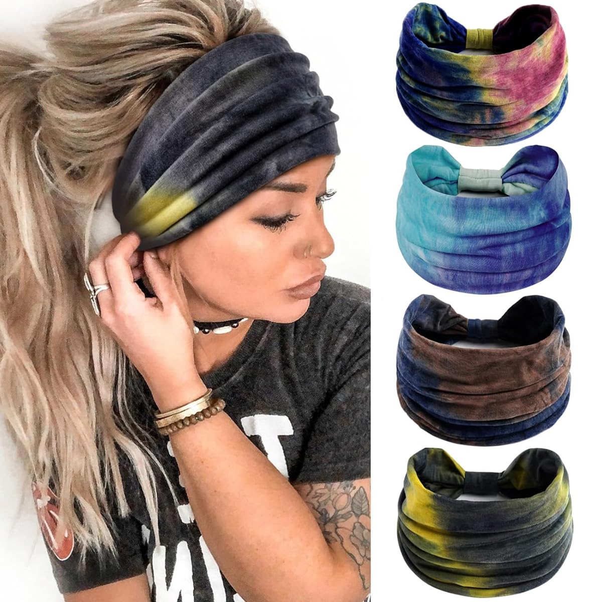 HASTHIP® Set de 4 Diademas Anchas para Mujer,Bandas Elásticas con Nudo y Estampado Tie-Dye,Cintas para el Pelo de Poliéster Cómodas y Transpirables Ideal Yoga Deporte Moda