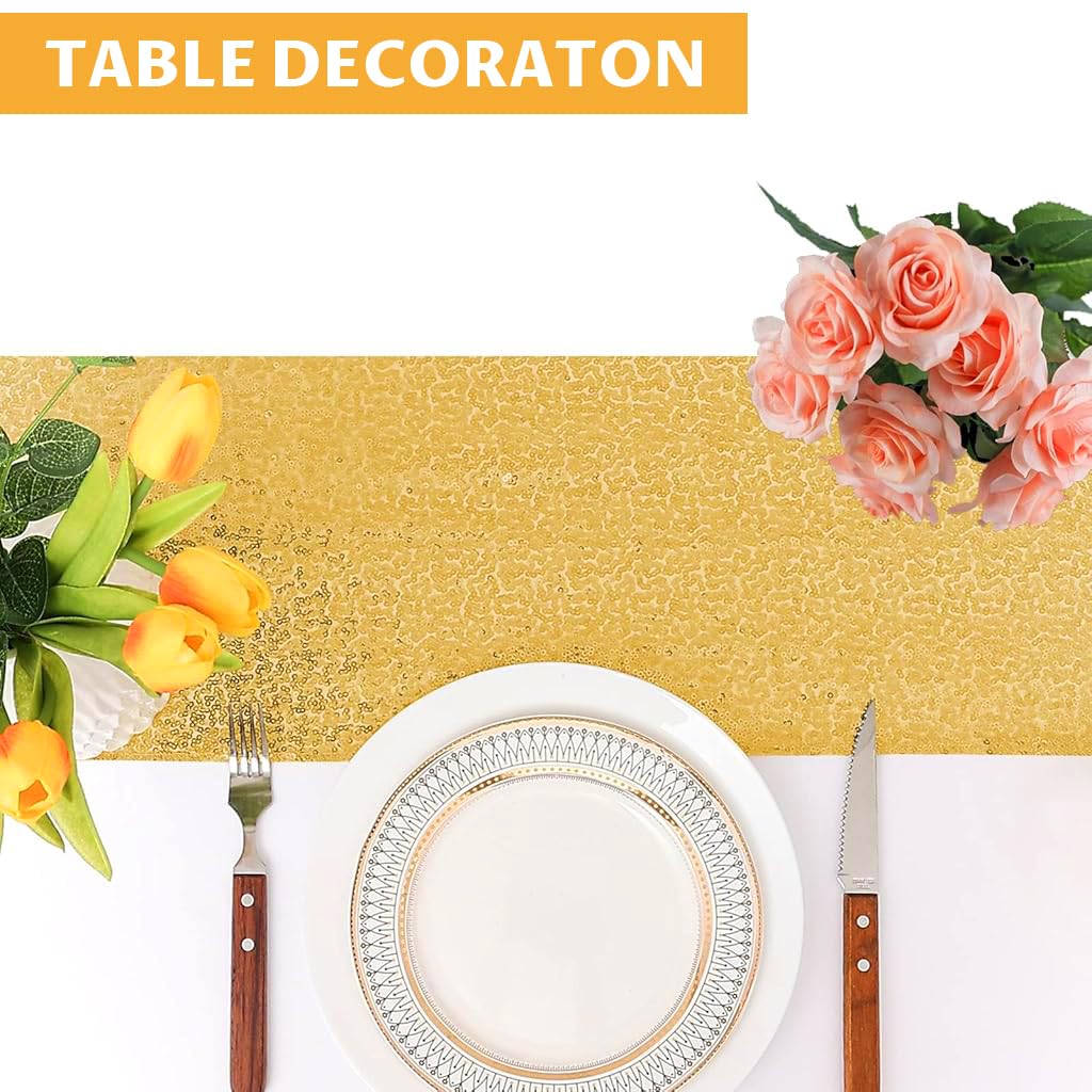 HASTHIP Sequin Table Runner 12 x 71 in for Holiday Celebration with Glitter Gold Design