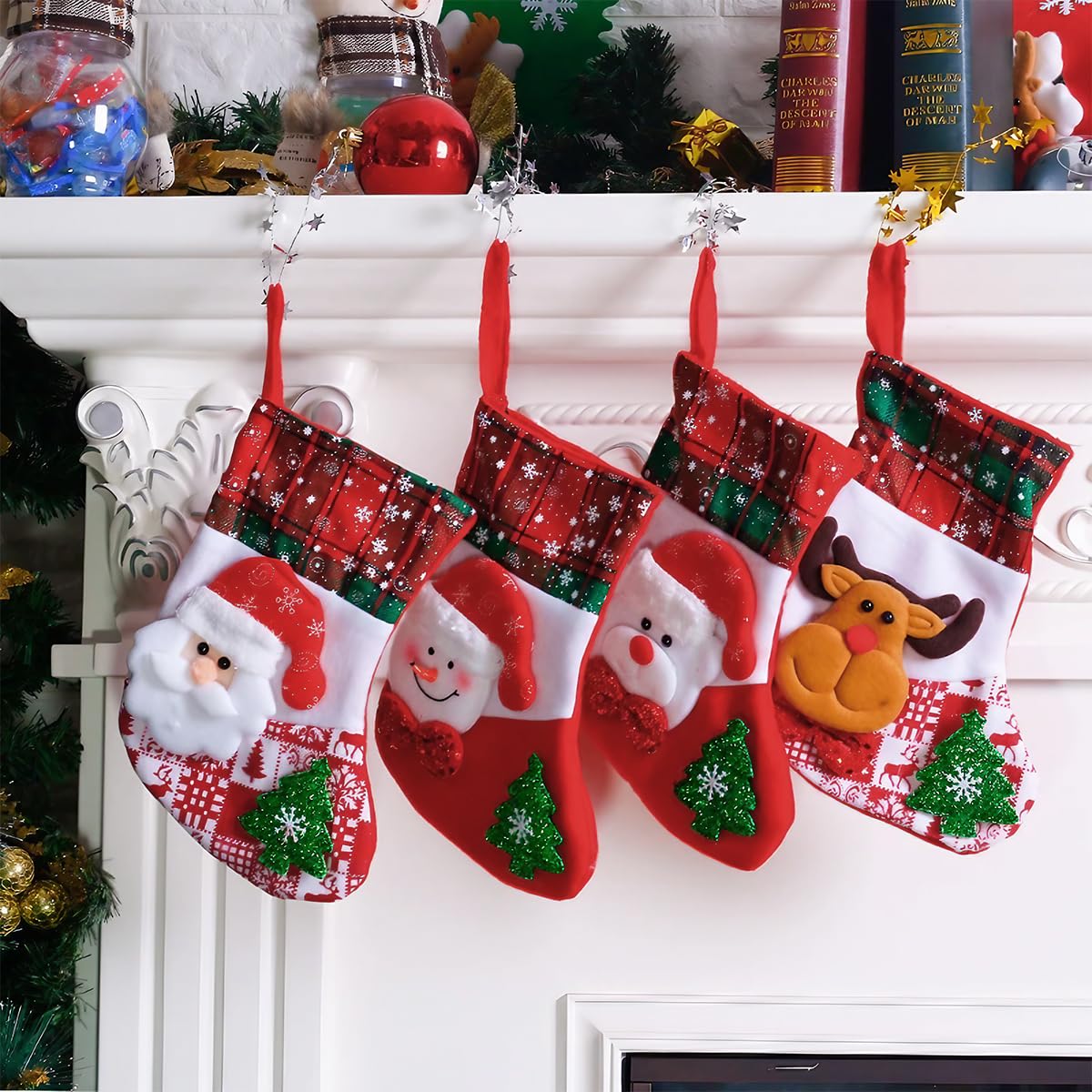 HASTHIP Christmas Stockings Set for Tree and Door with 9.8 in Size Loop Hanging | 4 Red Designs