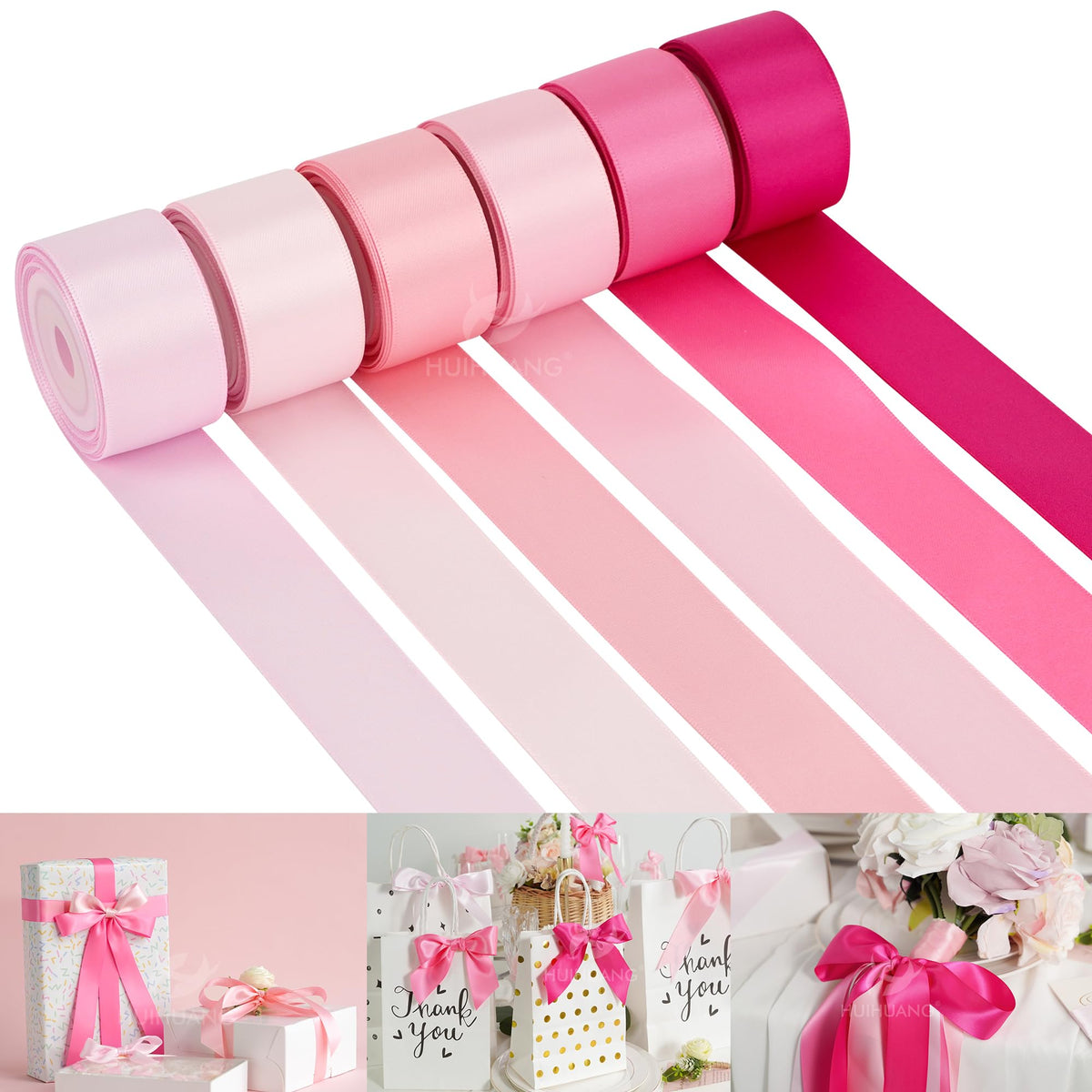 HASTHIP® 6 Rollos Cinta de Satén Rosa para Envolver Regalos, Manualidades, Bodas, Decoración de Aniversarios, Lazo Personalizable, 2.5cm x 25 Yardas por Rollo