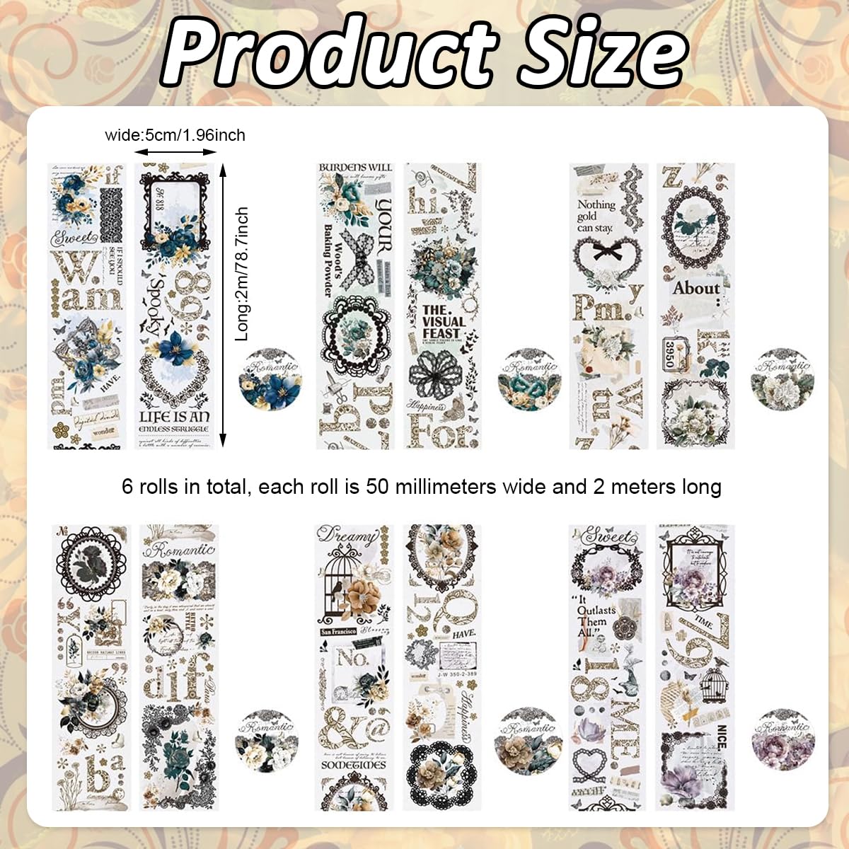 HASTHIP Flower Washi Tape Stickers for Journaling and Scrapbooking with 6 Rolls 50mm×2m PET | Decorative Floral Tapes for DIY Crafts