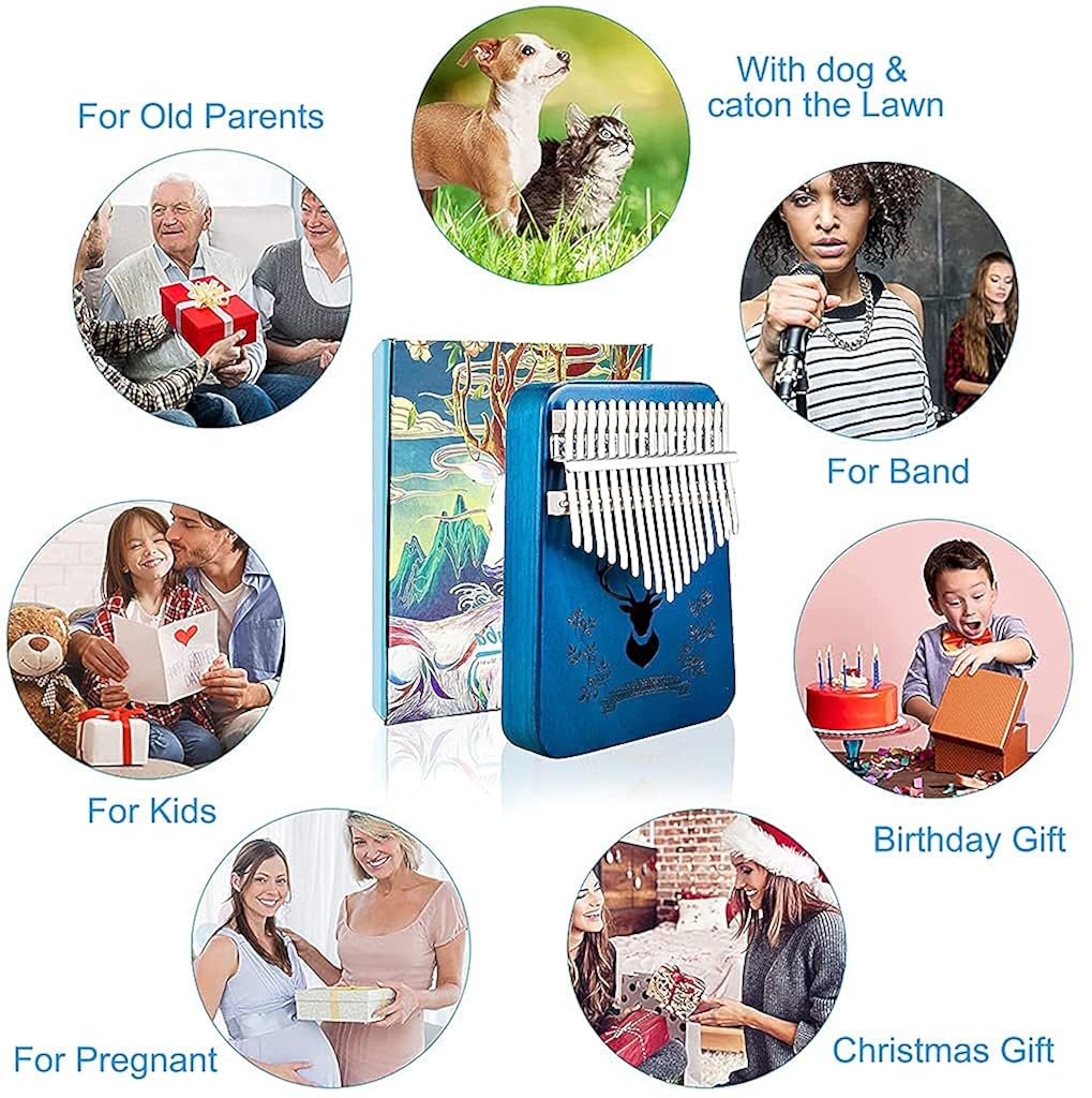 HASTHIP® Kalimba Piano de Pulgar 17 Teclas,Instrumento Musical de Madera con Martillo Afinación,Bolsa Pegatinas Libro Aprendizaje Protección Dedos Regalo Portátil para Niños y Adultos