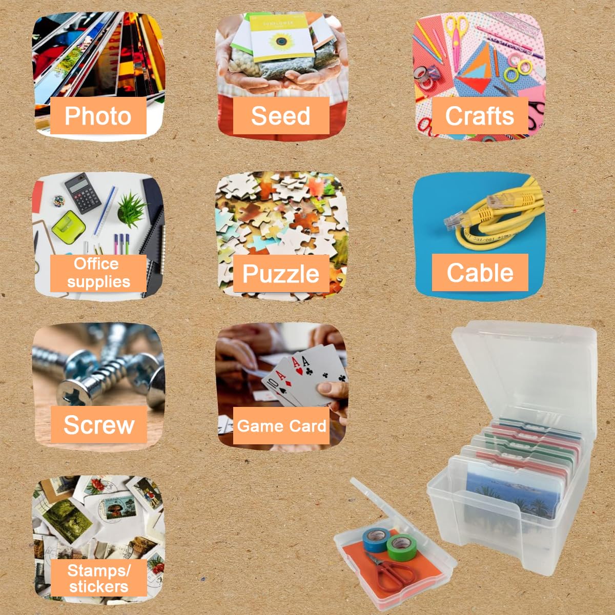 HASTHIP Photo Storage Box for DIY Crafts with 6 Color Sub Boxes 7.2×8.2 in Case | Beige Organizer