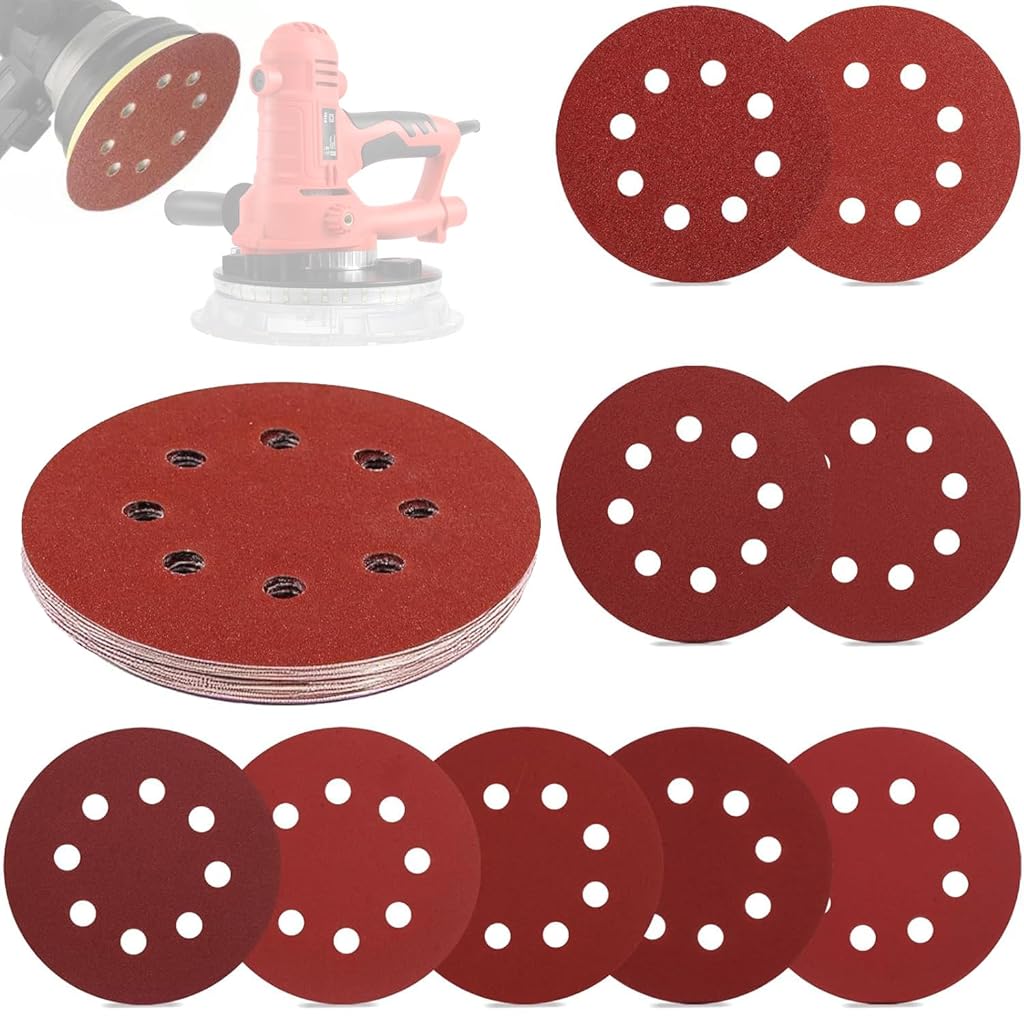 HASTHIP® 25PCS Discos de Lijado 7 Pulgadas 8 Agujeros Hook and Loop,120-320 Granulometría,Papel de Lija Óxido Aluminio Redondo para Lijadora Orbital Aleatoria Accesorios Pulido