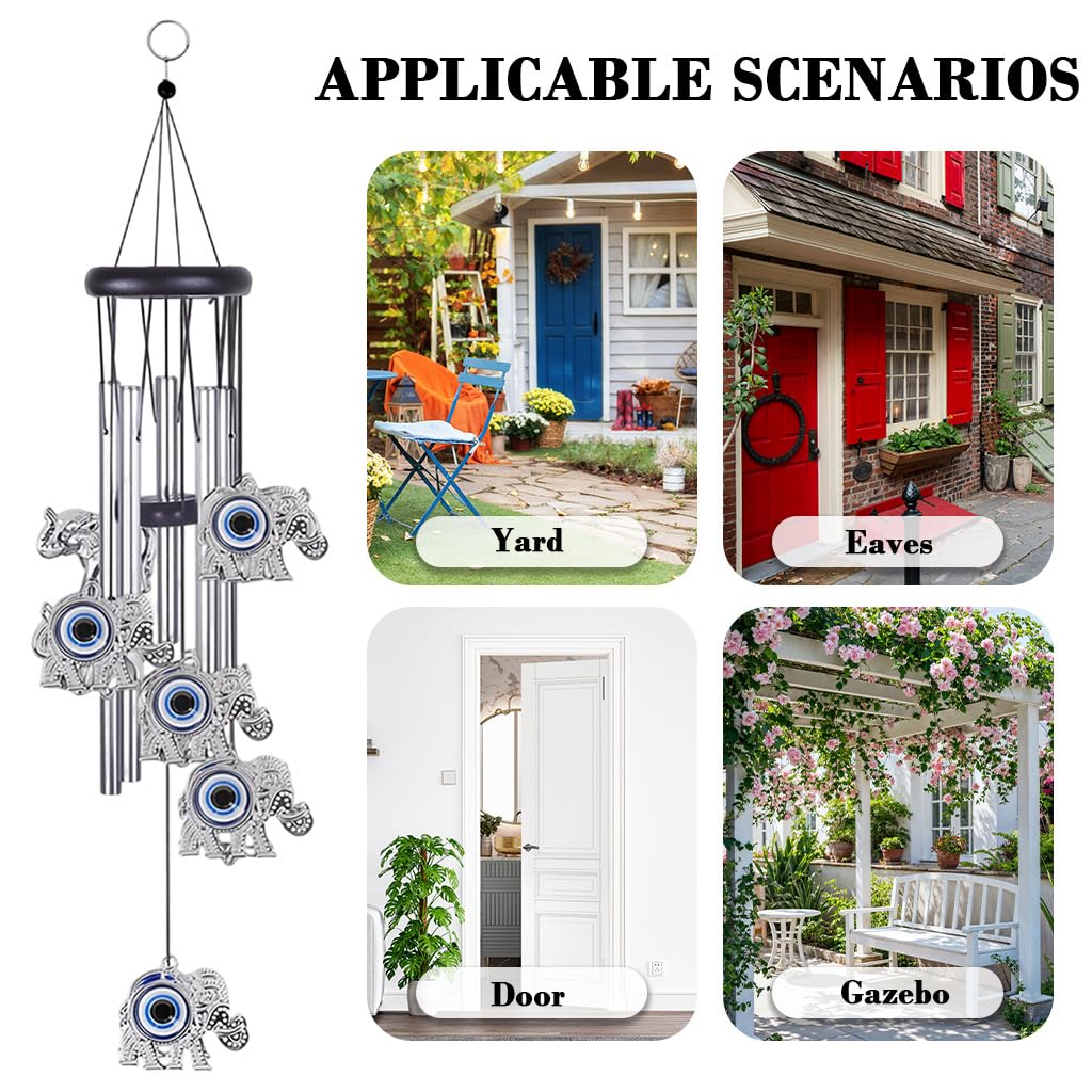 HASTHIP Evil Eye Elephant Wind Chimes for Home Décor with 25 in Aluminum Tubes | Blue Charm for Positive Energy