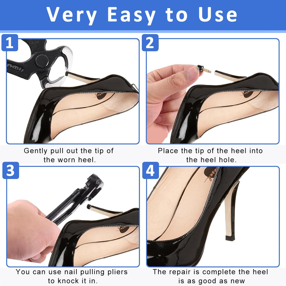 HASTHIP Women's Shoe Heel Repair Kit for High Heel Replacement with 20 Pairs 9–12.5mm TPU Tips | Anti Slip Design and Plier Tool