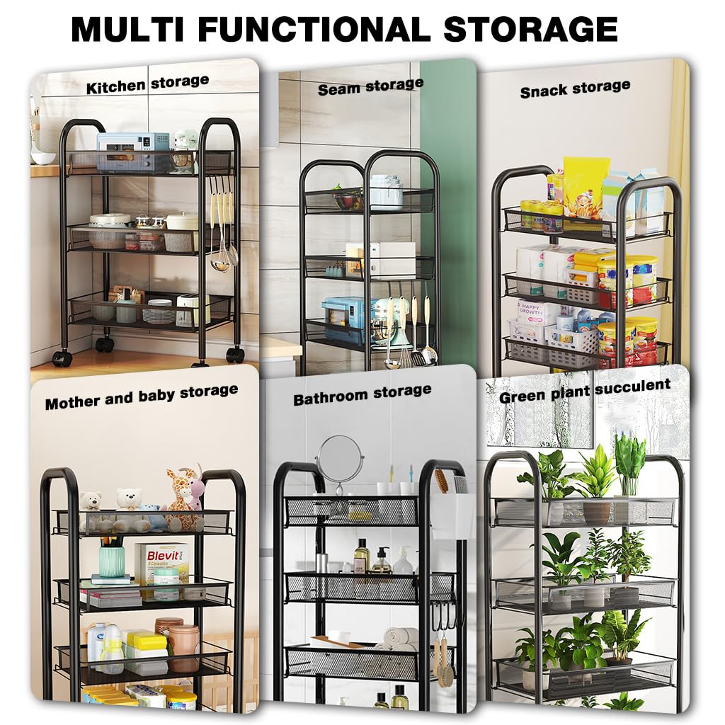 HASTHIP Multipurpose Kitchen Storage Rack for Home Organization with Adjustable Shelves 44x27x63cm featuring Smooth Caster Wheels