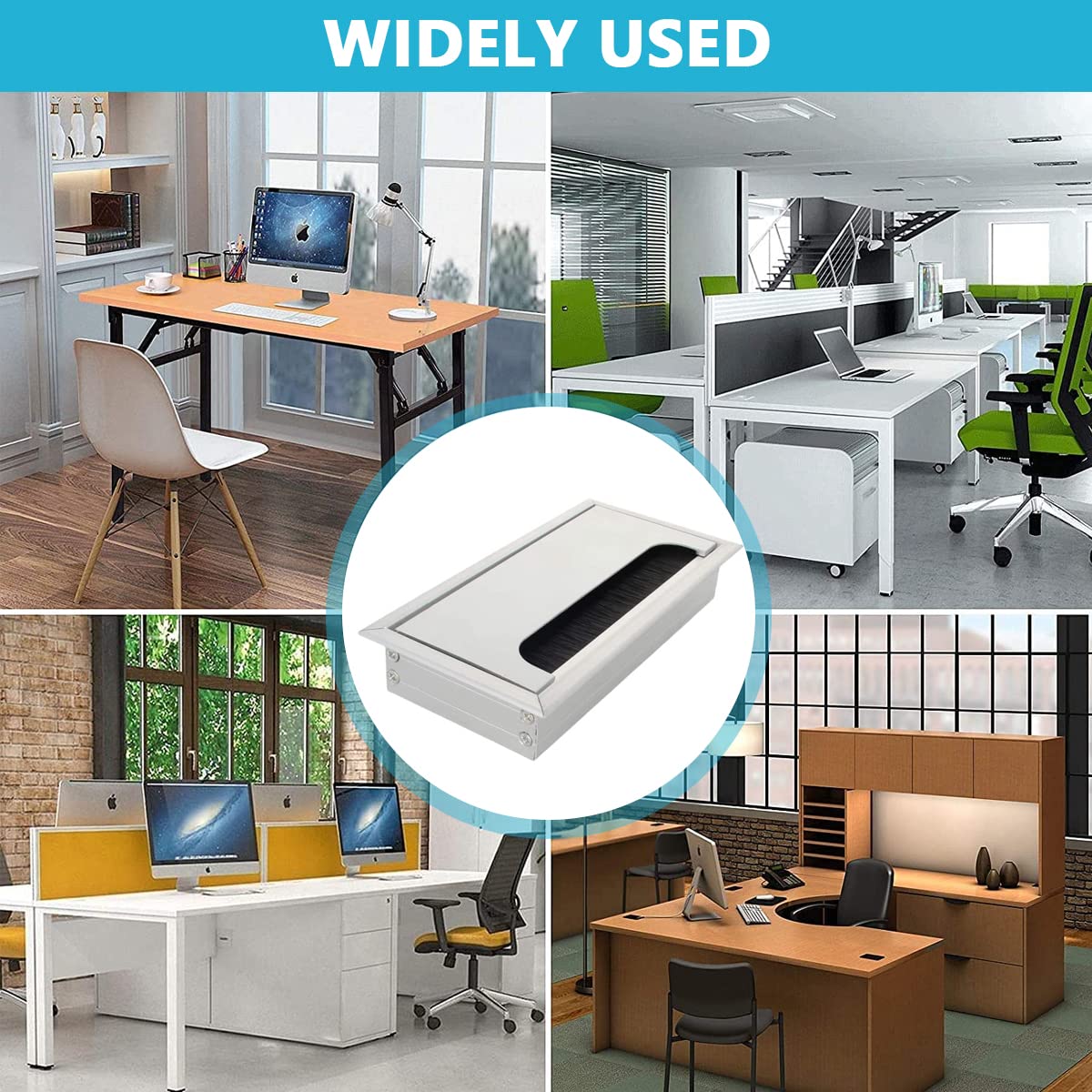 HASTHIP Rectangular Wire Cable Hole Cover for Office Desk with Flip Lid and Brush 160x80mm Aluminum Silver