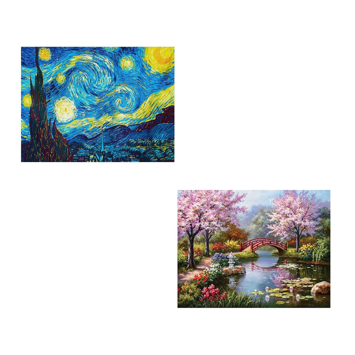 HASTHIP® DIY 5D Diamond Painting Kit Combo, Full Drill Cross Stitch Art for Wall Decor – Peach Blossom Bridge & Starry Night Van Gogh, Rhinestone Craft for Journaling, Scrapbooking, Planners