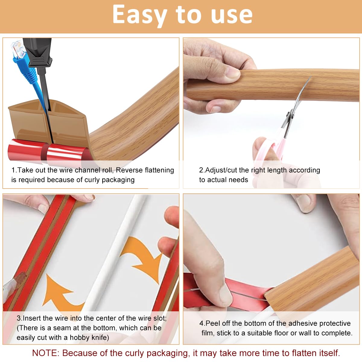 HASTHIP Floor Cord Cover for Home and Office with Self Adhesive Backing 6.6ft PVC Sleeve