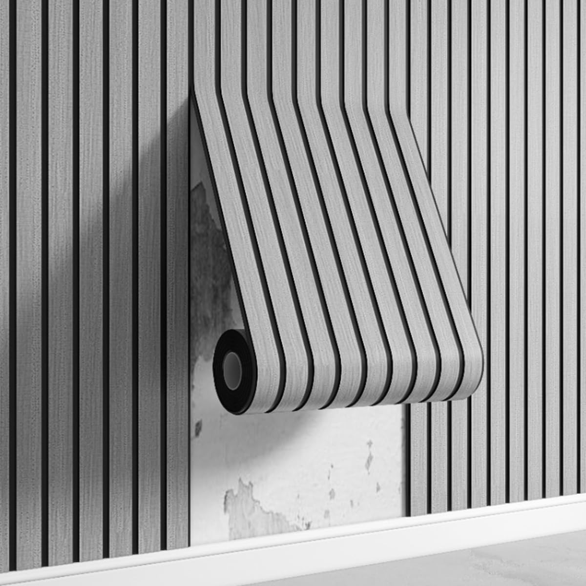 HASTHIP Wallpaper for Living Room and Bathroom with Self Adhesive 3D Slat Pattern 16x118 in Black and Grey PVC