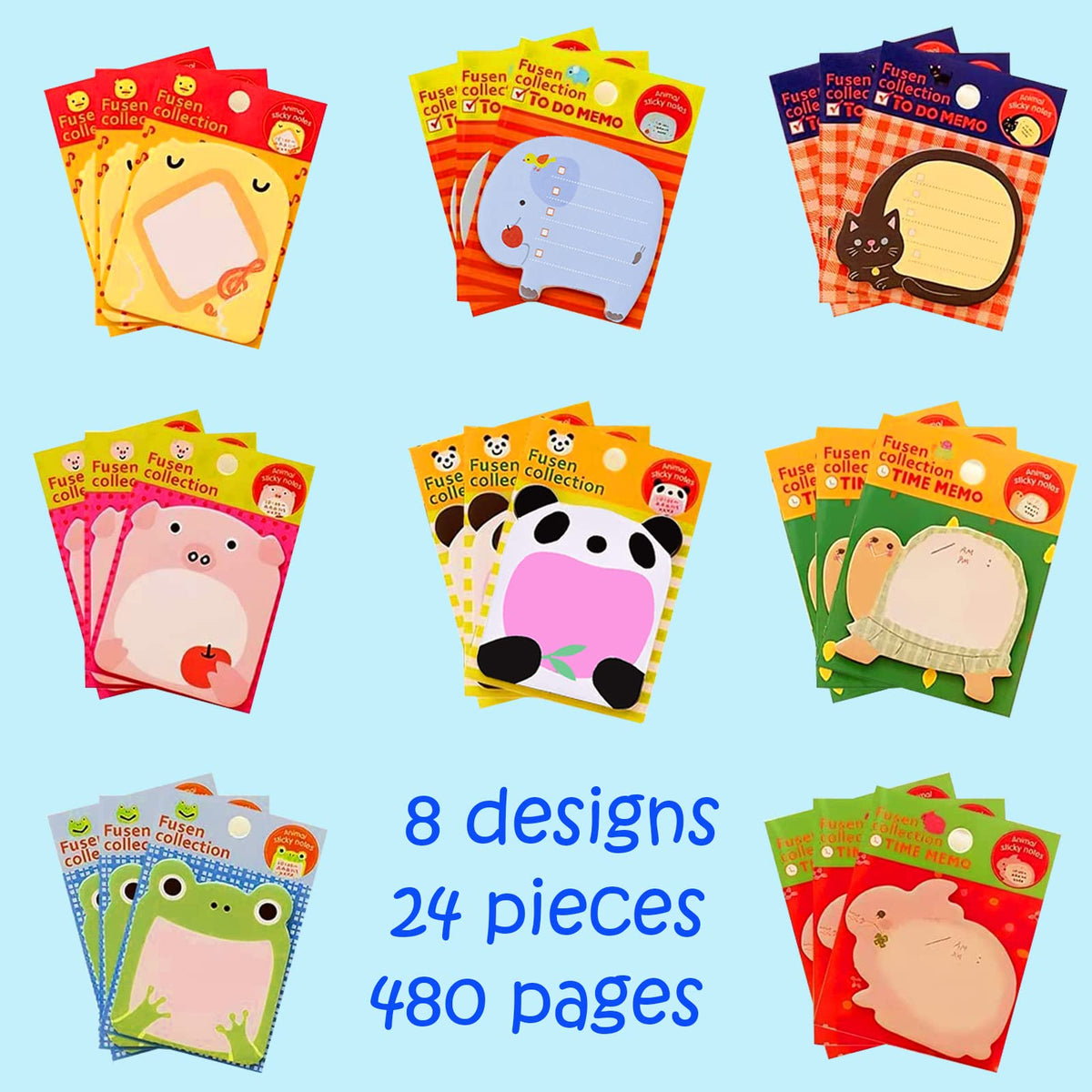 HASTHIP Sticky Notes for School and Office featuring 24 Packs 8 Cartoon Animal Designs | Self-Adhesive Removable Pads for Kids and Adults