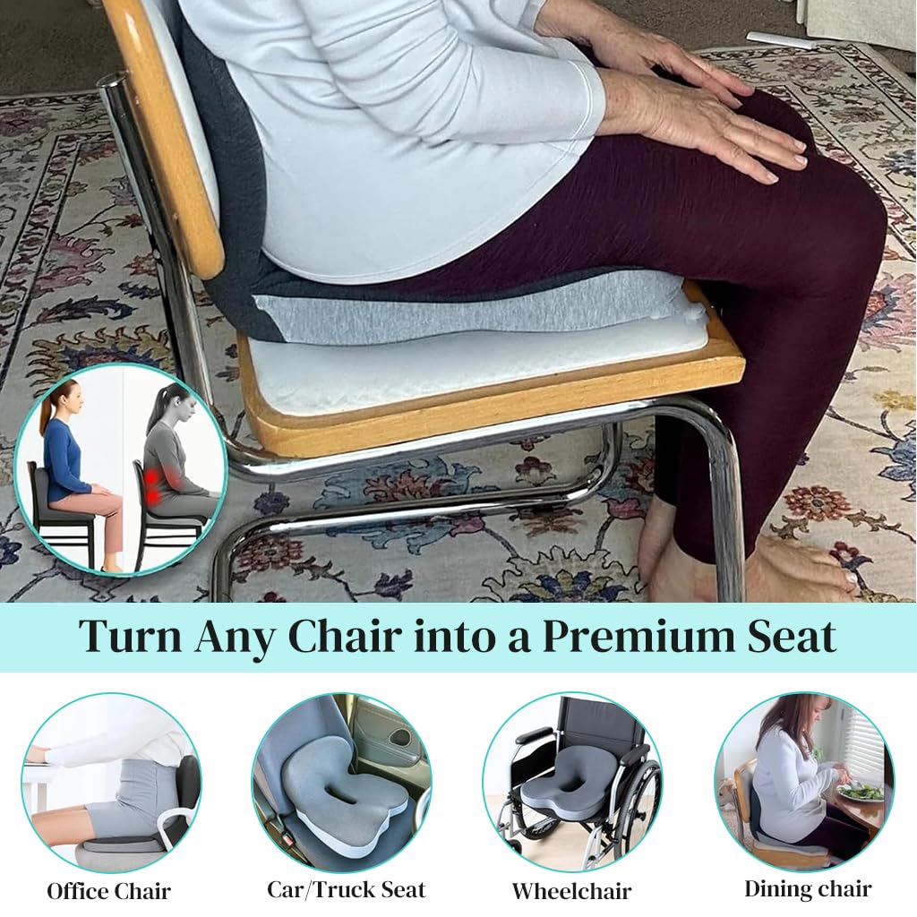 HASTHIP® Memory Foam Seat Cushion for Office Chair, Car & Truck, Ergonomic Coccyx & Tailbone Pain Relief Cushion with Lumbar Back Support, Non-Slip Large Chair Pad for Long Sitting - Dark