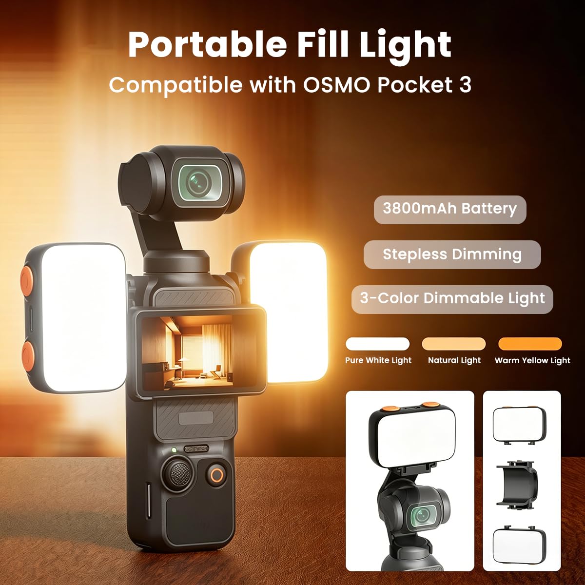 HASTHIP LED Fill Light for DJI Osmo Pocket 3, 3-Color Dimmable Camera Light Only