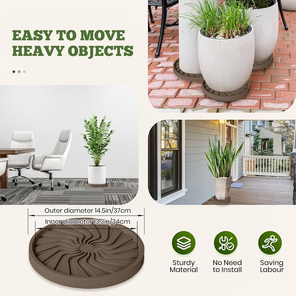 HASTHIP Plant Pot Stand for Indoor and Outdoor Use with 360° Wheels and Spiral Ridged PP Tray | 37 cm Round Brown