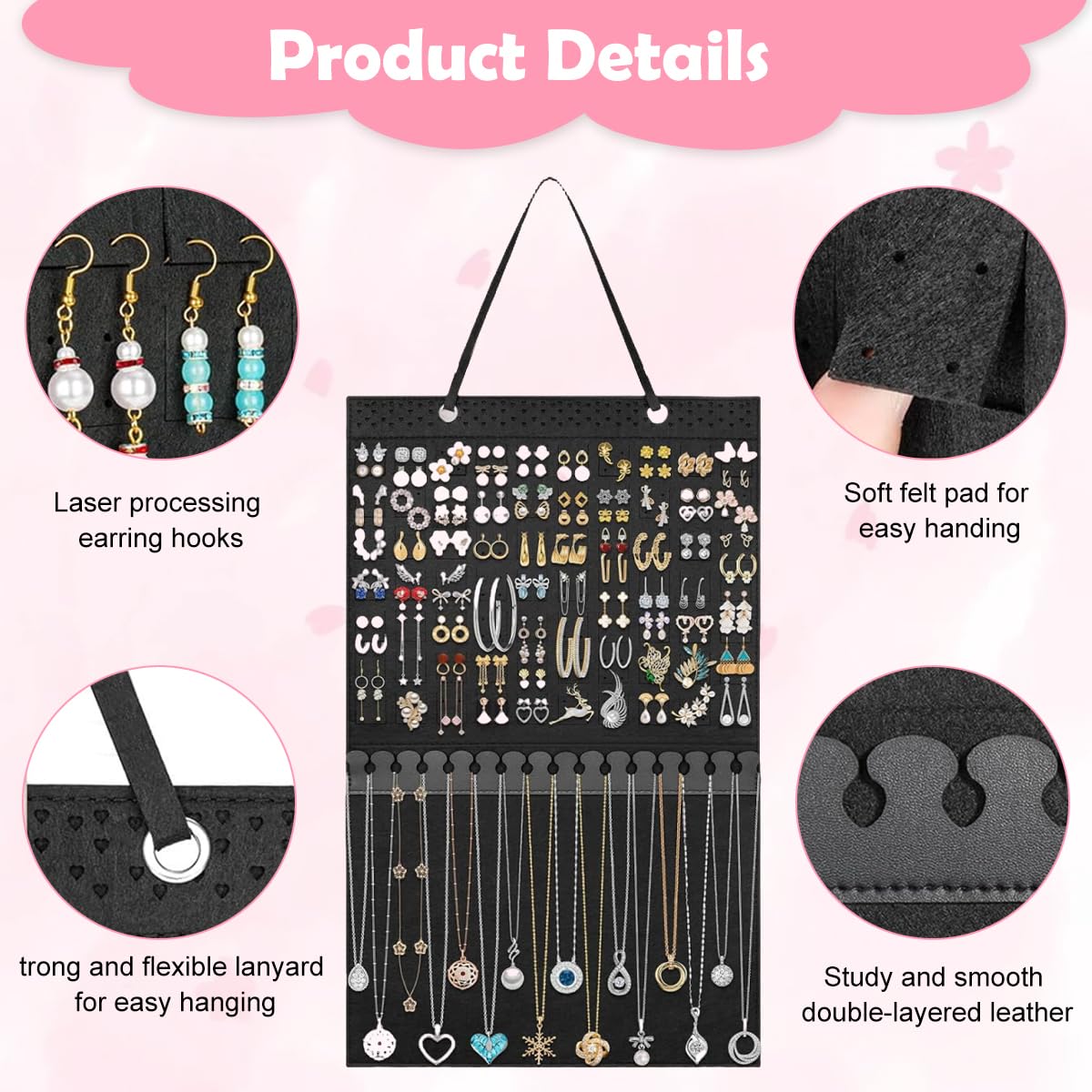 HASTHIP Hanging Jewelry Organizer for Earrings and Necklaces with 140 Holes and 16 Hooks | Felt Display Holder 57×34.5 cm